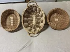 【３点セット】天然素材の円形バスケット 取っ手付き　お買い得(^^)