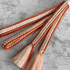 絹 帯締め☆冠組風の平組 肌色（ベージュ）×橙×紫色 多色 浮き織 組紐