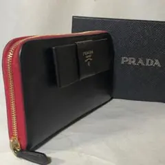 売り切り！美品PRADAサフィアーノ リボン長財布 ピンク×黒