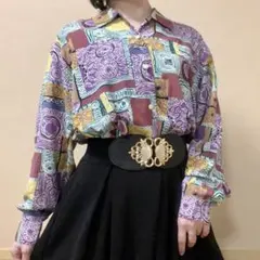 ★幾何学模様 ヴィンテージ アソート柄 柄シャツ ブラウス 薄紫 青 緑 レトロのサムネイル
