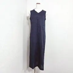 GIO SPORT 麻混 Vネックロングワンピース リネン 日本製 ネイビーのサムネイル