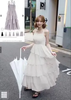 ショルダーリボンティアードロングワンピース kz686