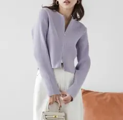 ダブルジップ 長袖 リブ カーディガン クロップド トップス ニット Wジップ