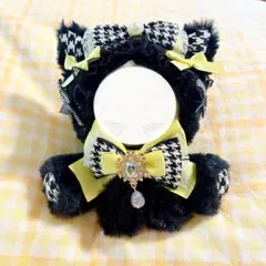 052.おすわりぬい服　黄色×千鳥柄　猫ちゃん　12cm