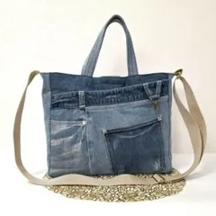 デニムリメイクショルダーバッグ　斜め掛け　肩掛け　トートバッグ　ハンドメイド
