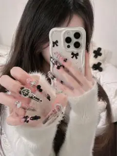 量産型 ネイルチップ 地雷系 ゴスロリ ハート リボン 十字架 ブラックピンク