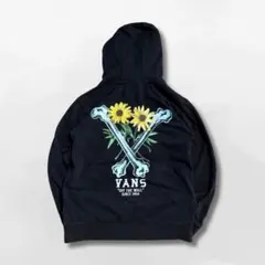 Vans パーカー M 黒 裏起毛 バックプリント 花柄 ロゴ フーディ