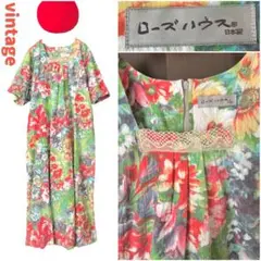 昭和レトロポップ︎✦︎ヴィンテージ古着︎︎✦︎黄緑 赤い花柄︎︎✦︎半袖︎ロングワンピース