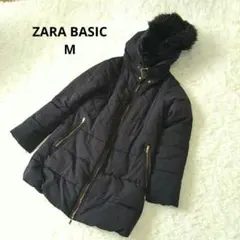 ZARA BASIC 　ファー付きフードダウンジャケット Mキルティングブラックのサムネイル