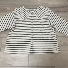 ストライプ柄大きな襟付き長袖トップス