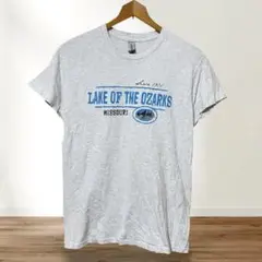 ギルダン 英字プリント Tシャツ クルーネック 半袖 S 灰 綿混 デイリー