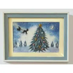 和紙ちぎり絵『サンタとたっぷりオーナメントのクリスマスツリー』葉書サイズ原画