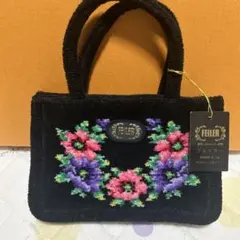 新品FEILERフェイラー　花柄ミニバッグ　ハンドバッグ黒ポーチ紫ピンク