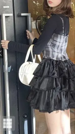 《GRL》リブニットトップスxチェック柄ティアードキャミワンピースセットアップ