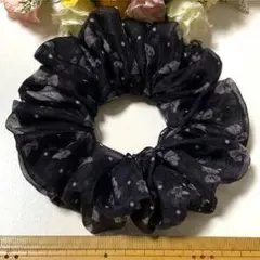 シフォン素材 ドット柄 シュシュ ブラック