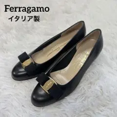 フェラガモ　22 パンプス　黒　レザー　リボン　ヴァラ　Vara　イタリア製