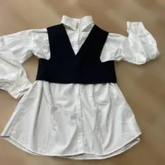 ベストレイヤードブラウス ビスチェセットトップス 黒白 長袖