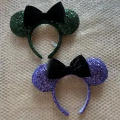 ディズニー　カチューシャ　ハロウィン　2点　グリーン　パープル　ベロア　リボン