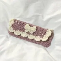 ハンドメイド　編み物　ペンケース　筆箱　リボン　ピンク　バレエコア　かぎ針編み