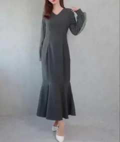 Vネックシアースリーブマーメイドワンピース