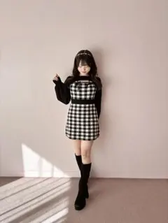 evelyn リボンチェックタイトOP アイスグレイ evelyn リボンチェックタイトOP アイスグレイ evelyn リボン