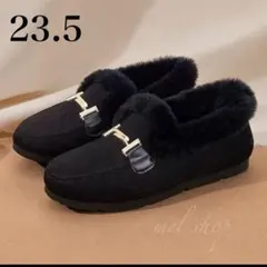 ブーツ　モカシン　ファー ショートブーツ　ボア　秋冬 裏起毛　23.5 黒　靴