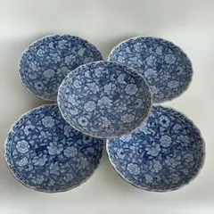 未使用 美品 たち吉 橘吉 染付 輪花 唐草 中皿 銘々皿 5客揃 牡丹 花文