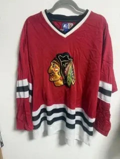 00s- リーボック NHL ブラックホークス ホッケーシャツ メンズS相当 赤 
