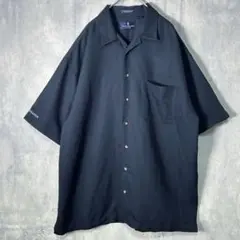 上質 レーヨン オープンカラー 刺繍 企業ロゴ シャツ 半袖 木ボタン 黒のサムネイル