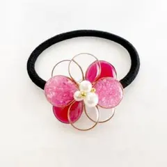 ポニーフックかヘアゴムが選べる♪つやつやシェル入りお花*＊クリアピンク＊*