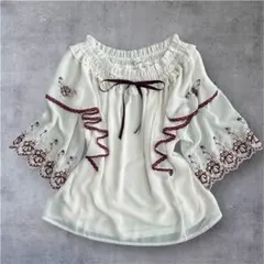 【豪華刺繍】シフォンブラウス フリル オフショル M 春服 フェミニン