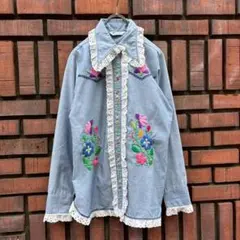 まとめ70s US 花刺繍　レース　シャンブレーシャツ Q300 Q199のサムネイル