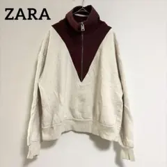 【ZARA】ハーフジップ スウェット 裏起毛 V字切替 ボルドー×アイボリー S