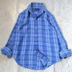 美品 2024 ポロラルフローレン チェックリネンシャツ ポニー刺繍 ゆったり