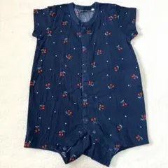 ショートオール ロンパース チェリー ネイビー 前開き 半袖 60〜70