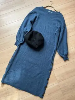 オシャレ　シンプル　上品　ニット　ワンピース　ナチュラル　カジュアル　ブルー