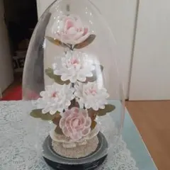貝細工 花の置物 ガラスドーム入り