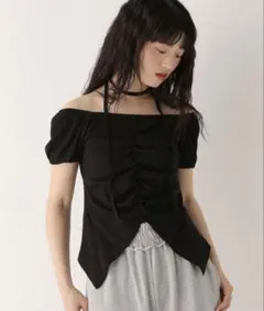 【Heather】タイ付きフロントスリットカットオフショルTシャツのサムネイル