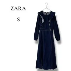 ZARA レディース　長袖デニムロングワンピース　肩フリル　ブルー　青　Sサイズ