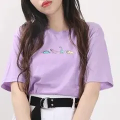 W♡C 半袖 Tシャツ パープル 恐竜 刺繍 WEGO ザウルス 紫のサムネイル