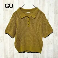 GU 半袖透かし編みニット ポロシャツ M 黄色 マスタード メッシュ 透け感