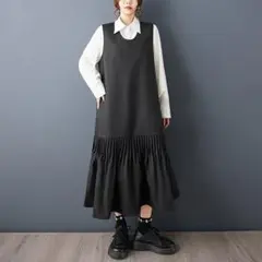 春 新作 レトロ ブラック ロング ジャンパースカート 拼接 着痩せ効果