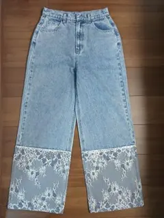デニムパンツ レース切り替え ワイドクロップド丈