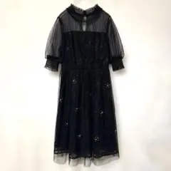 黒 ブラック 刺繍 チュールワンピース 結婚式 二次会 パーティー ドレス