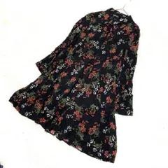 ザラウーマン　シャツワンピース　チュニック　黒　花柄　Aライン