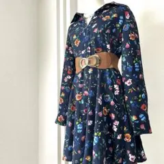 ザラベーシック 総柄 花柄 キュロット ワンピース ネイビー フレア M