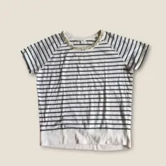 GLOBAL WORK 半袖Tシャツ（L)ボーダ－柄 ビジュ－ ラグラン袖