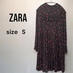新品同様　ZARA　花柄赤黒ちりめん縮緬ティアードワンピース　長袖　日本M Ｓ