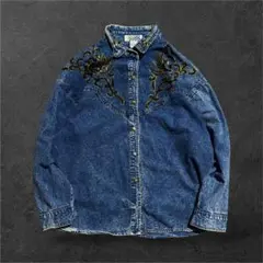 90s vintage刺繍スパンコール デニムシャツ L ケミカル　y2k