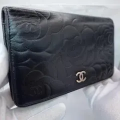 正規品】CHANEL シャネル カメリア エンボス フラップ長財布 ブラック